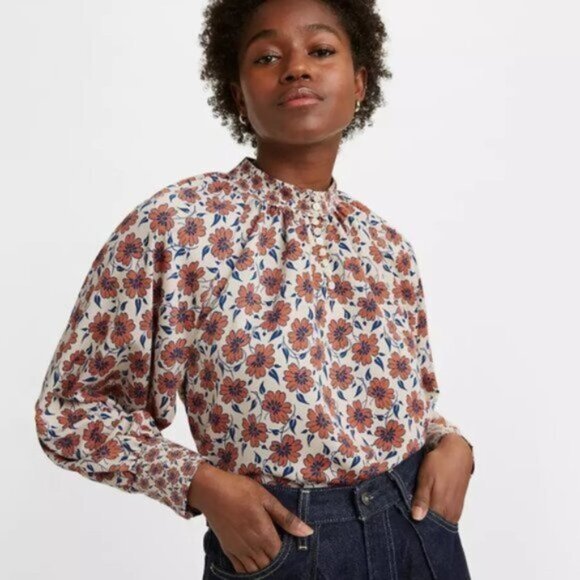 Levi's Blouse Top Gillian Mockneck Floral Pattern Puff Sleeve Size S - Picture 1 of 8